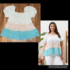 Perch womens top 2XL blouse tiered off shoulder Green tan white stripe NWT